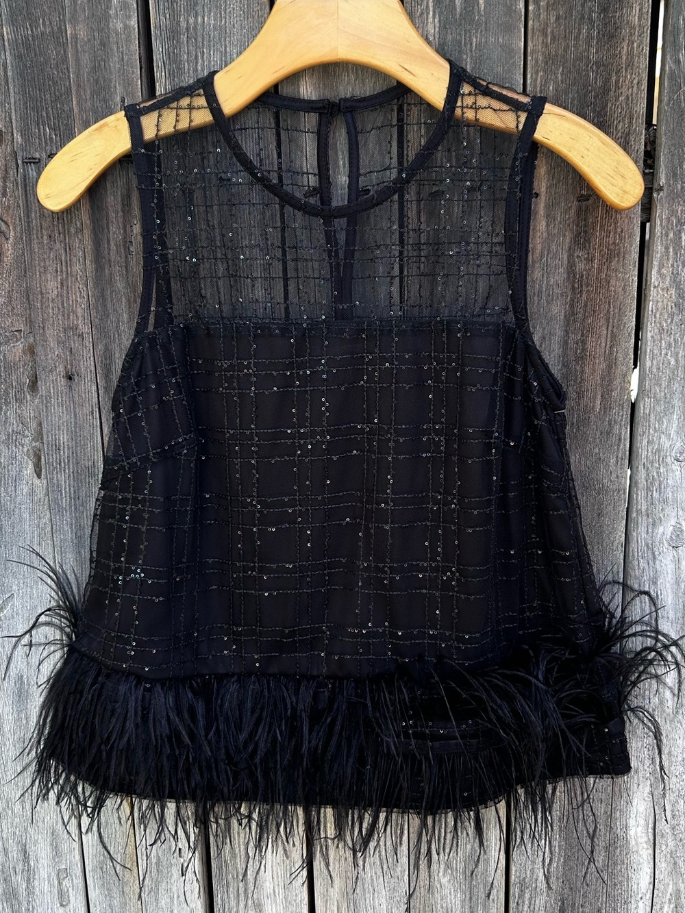 NWT Raisonnel Luxe Feather Trim Sequin Mesh Top Black S - Picture 3 of 16